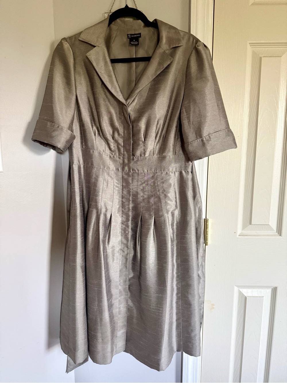 new directions Shimmery Silver Midi Dress with Notch Collar